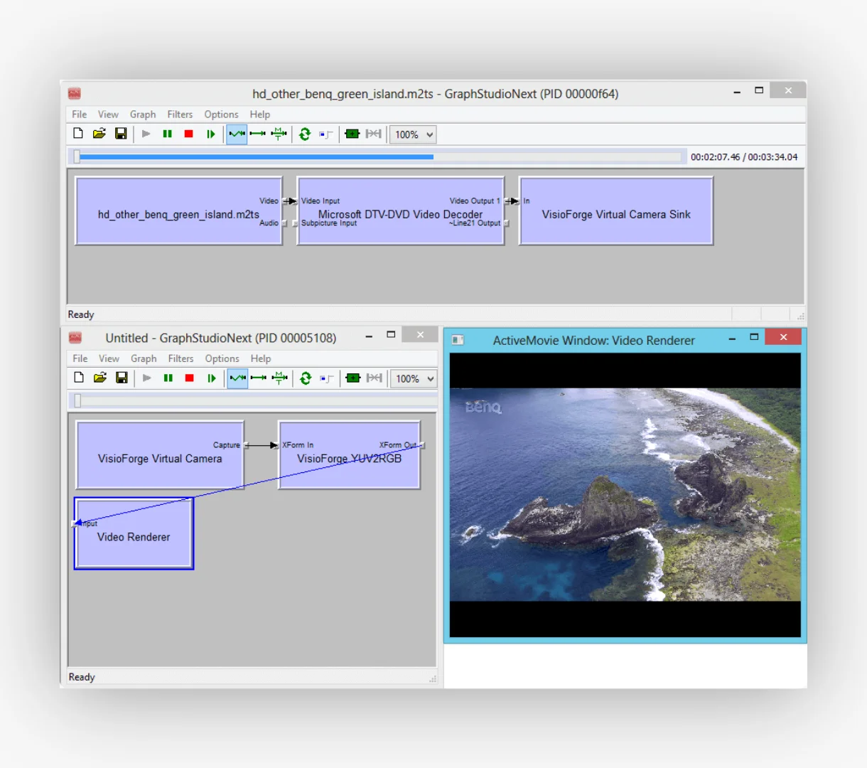 Virtual Camera SDK DirectShow graph visualization showing filter integration